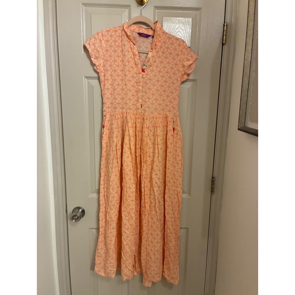 Rangriti Peach Bee Honeycomb Print Maxi Dress Cap Sleeve Button Front Pockets 34
